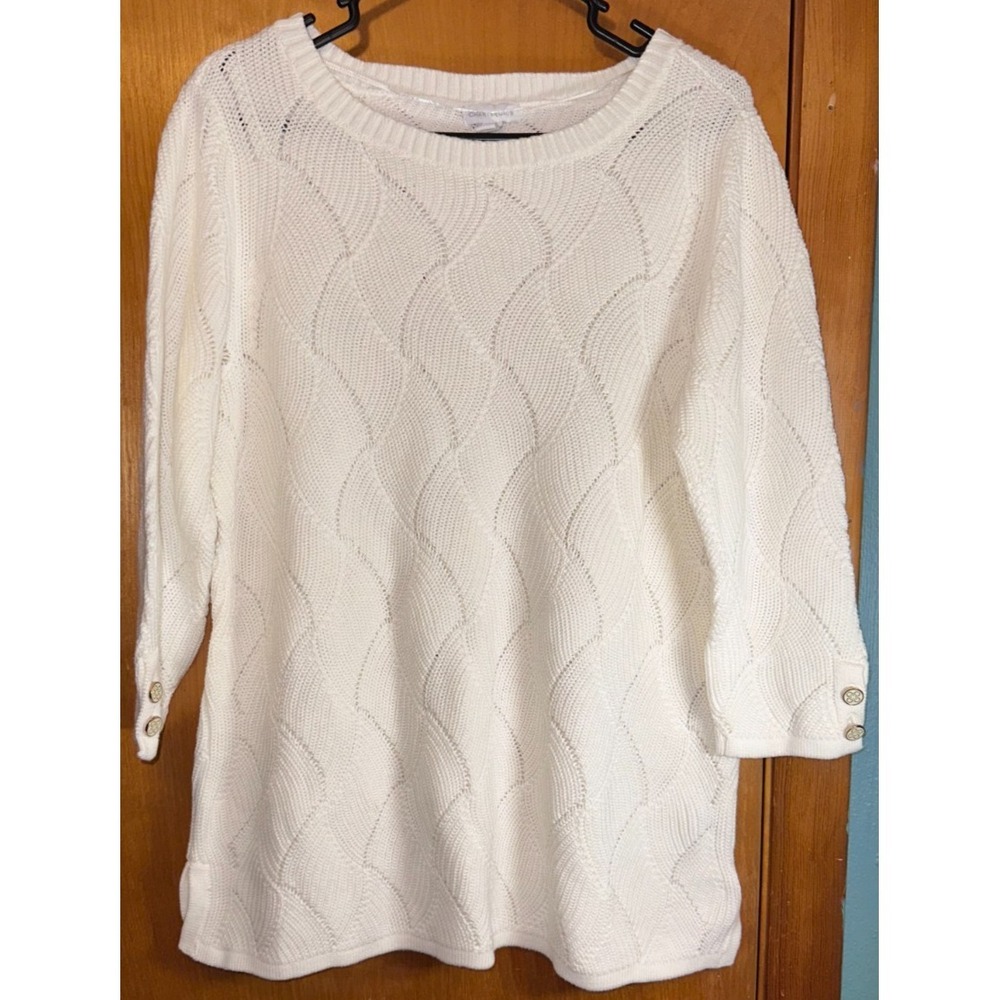 Charter Club White Textured Wave Stitch 3/4 Sleeve Sweater Large